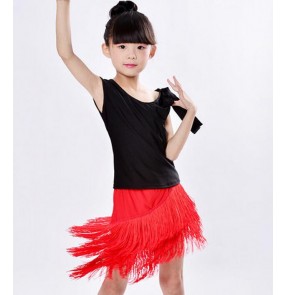 Black and red patchwork fringes tassels skirts split set  girls kids children spandex competition performance gymnastics practice latin ballroom salsa dance dresses outfits costumes